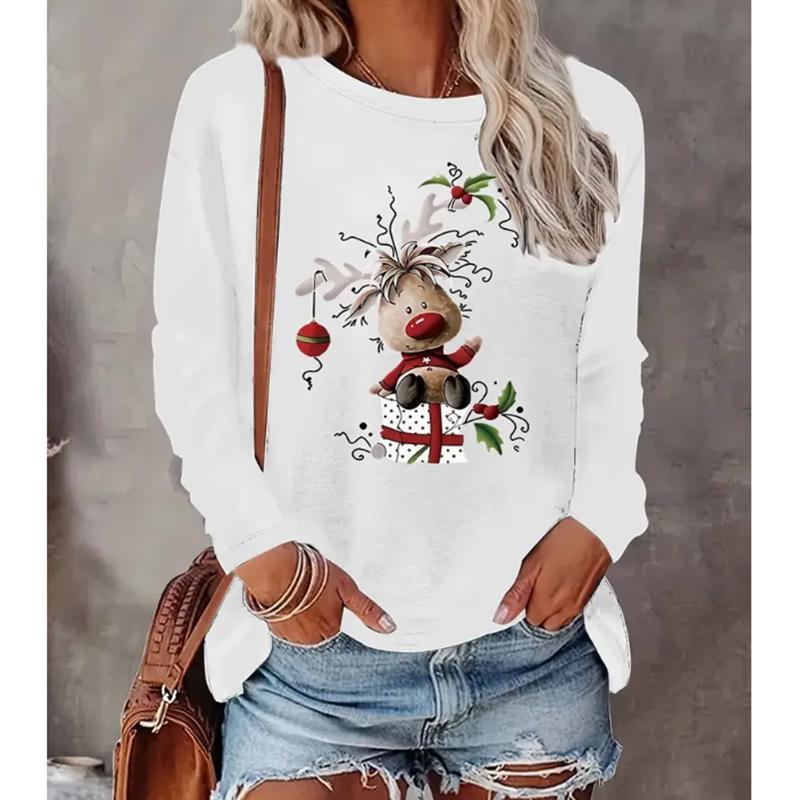 

2025 Осень и Зима Женский Новый Повседневный Топ с Круглым Вырезом и Длинным Рукавом с 3D Рождественским Узором 7XL белый