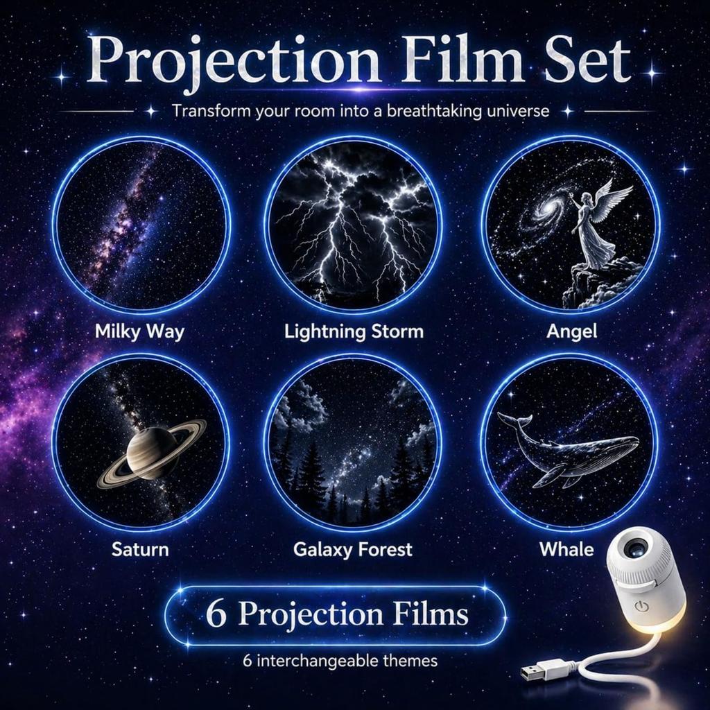 USB Galaxy Star Projector Night Light, 2-in-1 Starry Sky Projector with 6 Projection Films, Adjustable Brightness 360° Rotation, Star Ceiling Light
