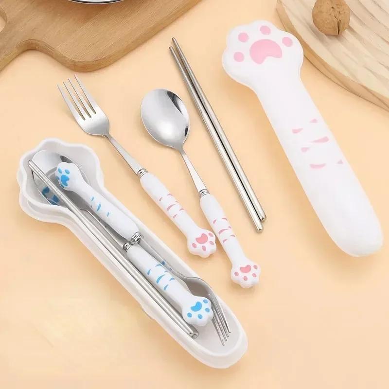Cartoon Cat Claw Spoon Fork Set - Portable Cutlery for Children, Kawaii Camping Kitchen Accessories