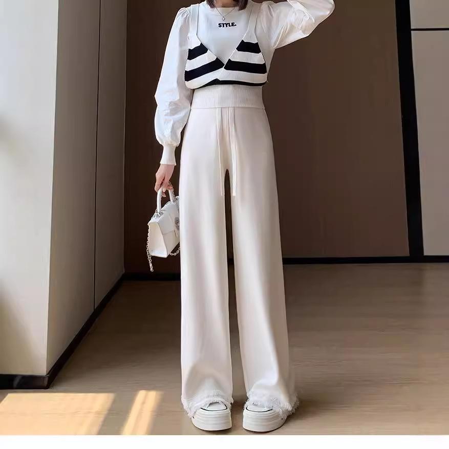 Tassel Rough Edge Knitted Pants Children's Autumn and Winter New High Waist Narrow Version Wide Leg Pants Lazy Drape Casual Straight-leg Pants