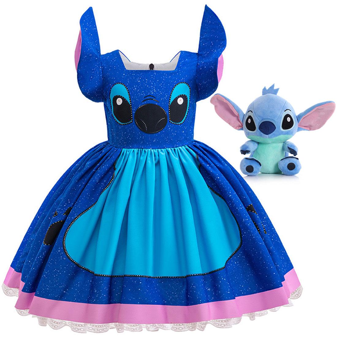 Lilo et Stitch Style Identique Fille Cosplay Stitch Fête d'Halloween Robe + Accessoires Été Manches Courtes Pelucheuse Mignonne Robe 2T(100CM) blue