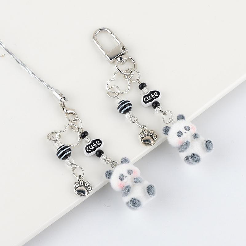 Cute Cartoon Flocking Panda Phone Lanyard  Panda Keychain Mobile Phone Chain Lovely Bag Pendant Couple Keyring