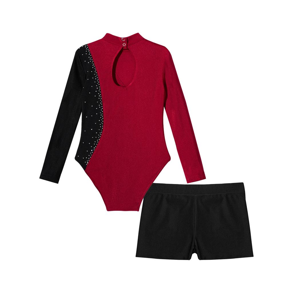 Kids Girls Stylish Clothing Set for Skating Training Wear Outfits Long Sleeve Contrast Color Leotards and Shorts