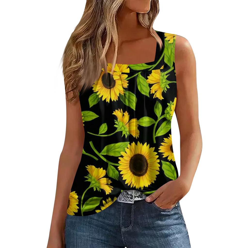 Damen Sommer Casual Plissee Quadratischer Ausschnitt Ärmelloses Tank Top Bedrucktes T-Shirt