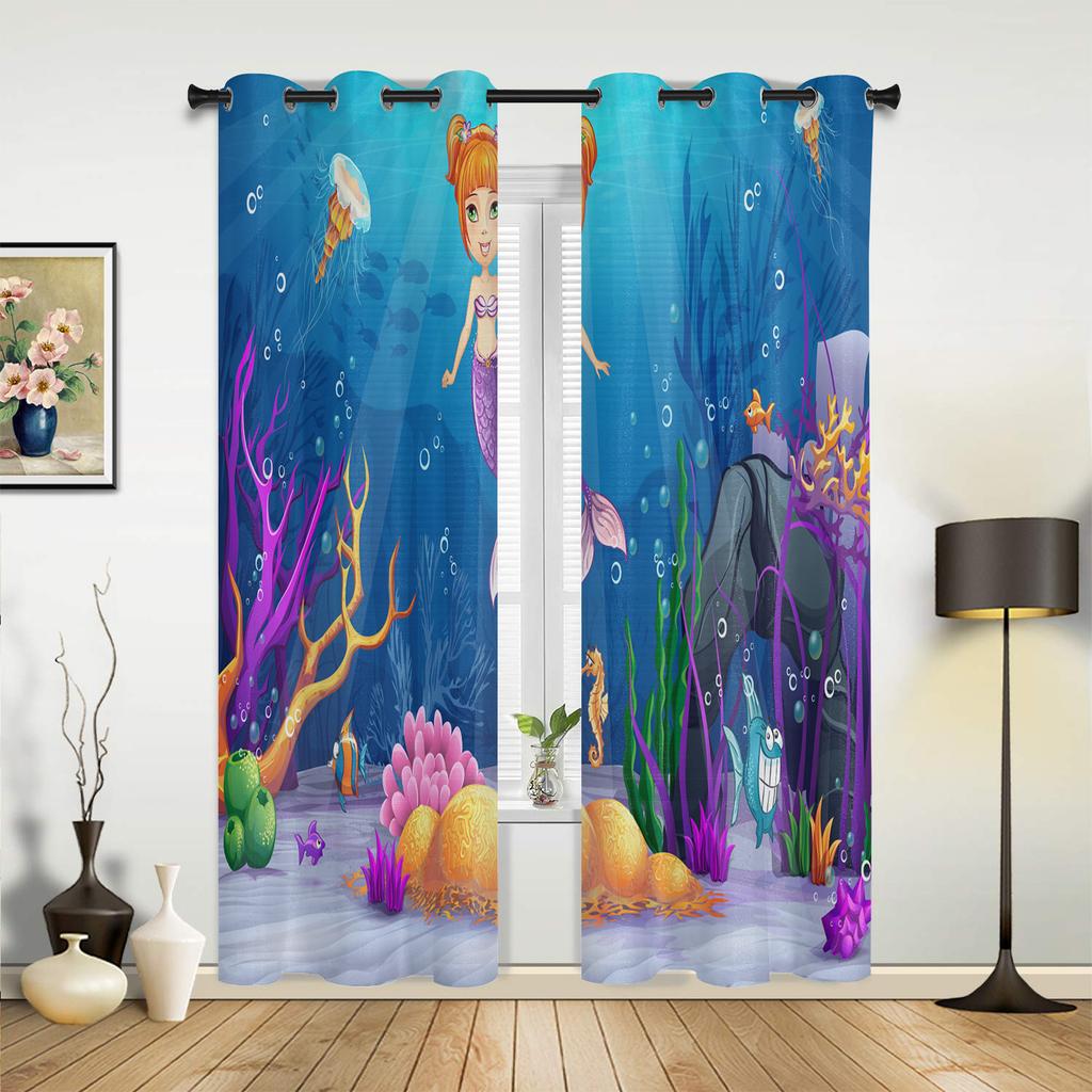 Mermaid Cartoon Children Luxury Curtains for Living Room Window Treatment Curtain for Bedroom Home Decor
