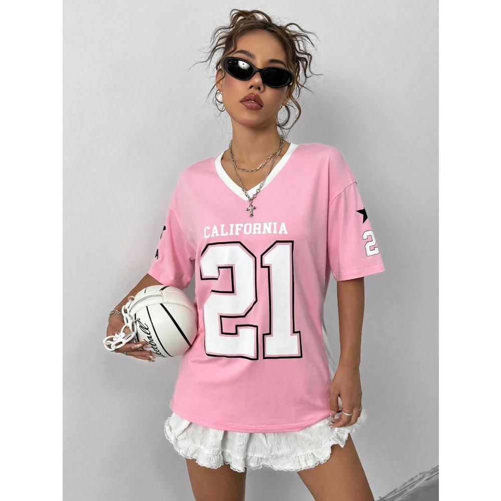 Pink women's T-shirt, digital print V-neck loose fit top, fashionable sporty short-sleeved shirt