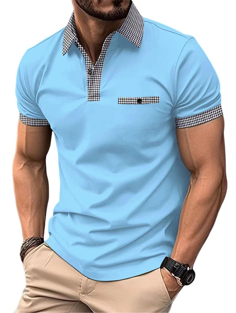 Men's Summer Fashion Loose Polo Shirts Short Sleeve Plaid Turn-down Collar T-shirt Top