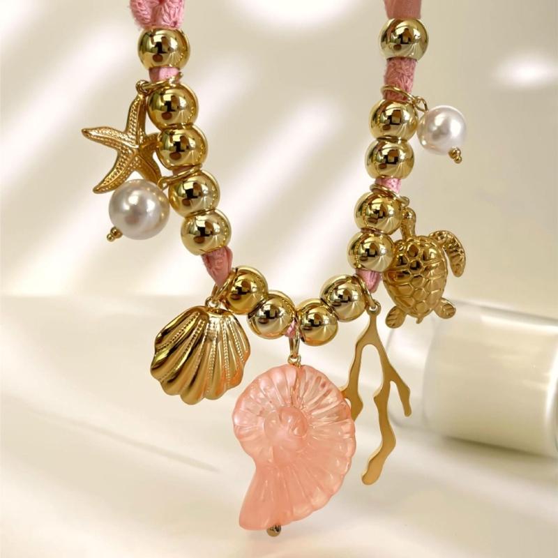 Summer Ocean Inspired Neckchain Adjustable Ceramic Shell Starfish Pendant Necklace Lightweight For Beach Outfits Gifts