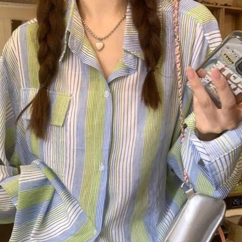 Colorful Striped Women's Shirt Turn Down Collar Chest Pocket Color Blocked Long Sleeved Blouse Korean Style Spring New Version Loose Casual Lady Top