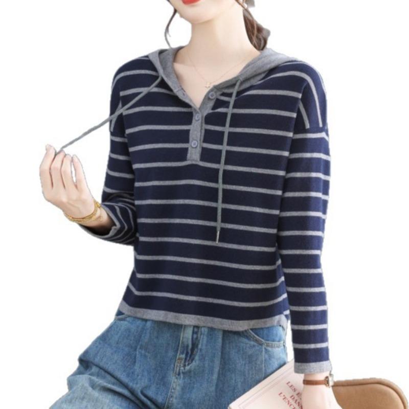 Women S Loose Fit Hooded Striped Pullover Knit Sweater Casual Top