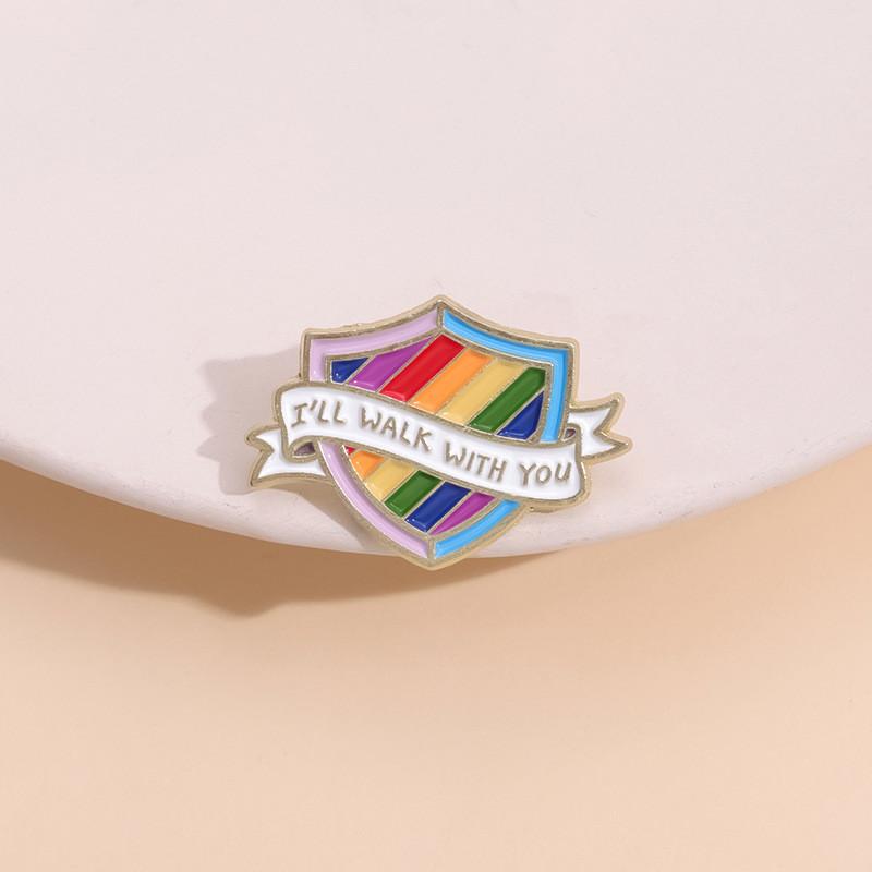 Contemporary Rainbow Letter Brooch Trendy Shield Shape Metal Badge Colorful Pin Fashionable