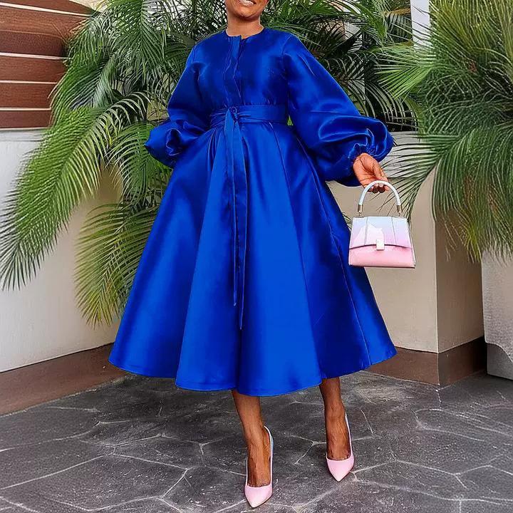 European & American Women's Solid Color Shiny Lantern Sleeve Dress