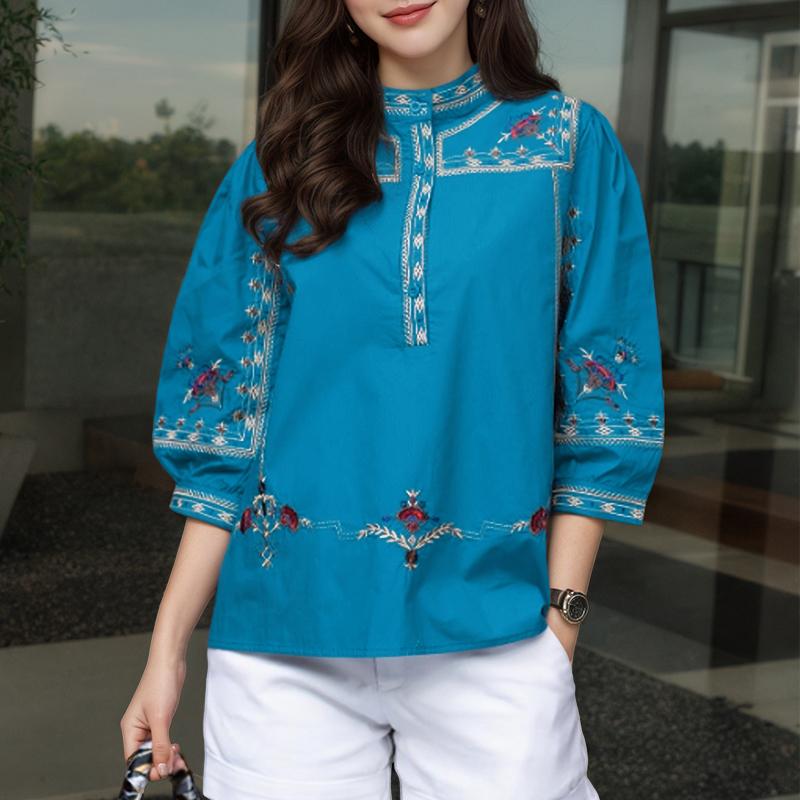 ZANZEA Women Casual Stand Collar Loose 3/4 Sleeve Print Blouse