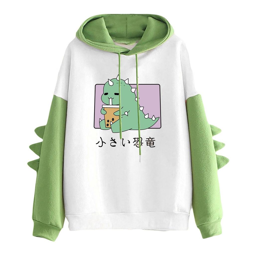 Fashion Women Casual Hoodie Print Long Sleeve Kawaii Dinosaur Sweatshirt Tops