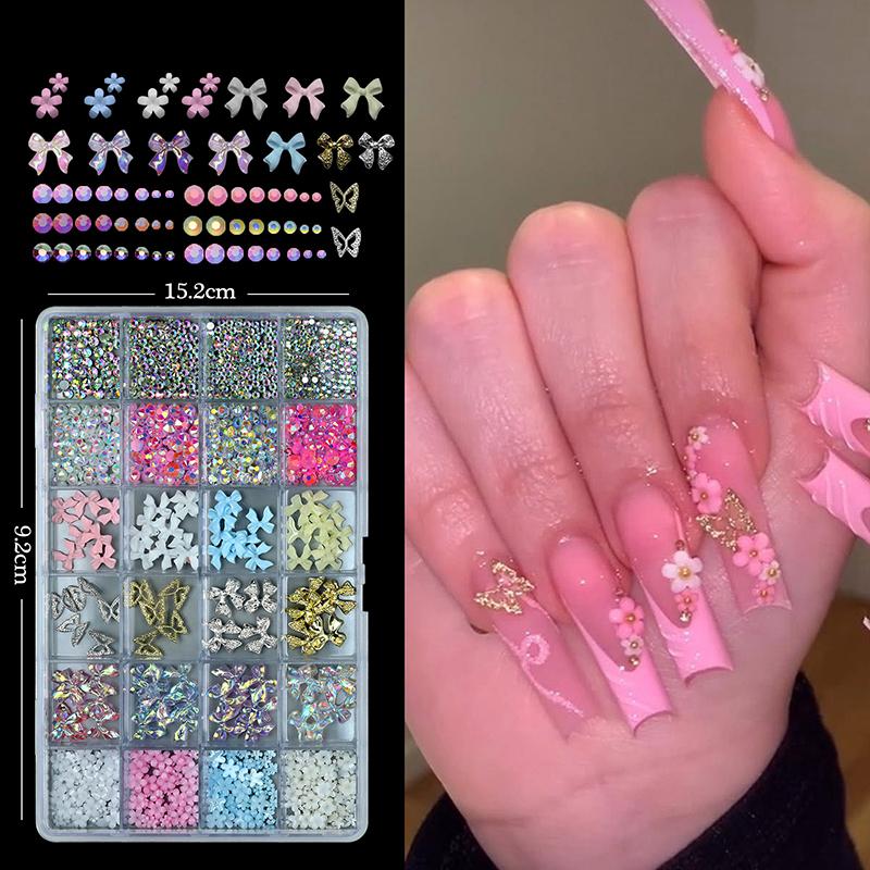 24 Grids, Mixed Nail Decoration Accessories, Rhinestones, Pearls, Beads, Bowknot, Nail Art Jewelry, DIY Tools