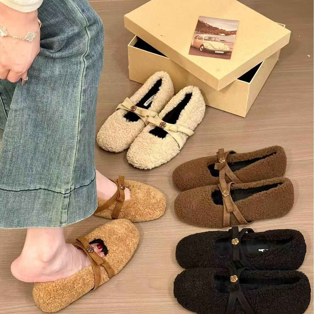

2025 lamb wool solid color single shoes French casual style autumn and winter Korean version Doudou cotton shoes cotton shoes Mao Mao shoes 39 абрикосовий