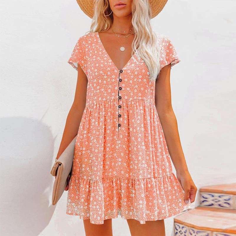

Летнее женское шифоновое платье, сексуальное мини-пляжное платье с v-образным вырезом и цветочным принтом, модное свободное женское платье с оборками и пуговицами, Vestido XL оранжевый