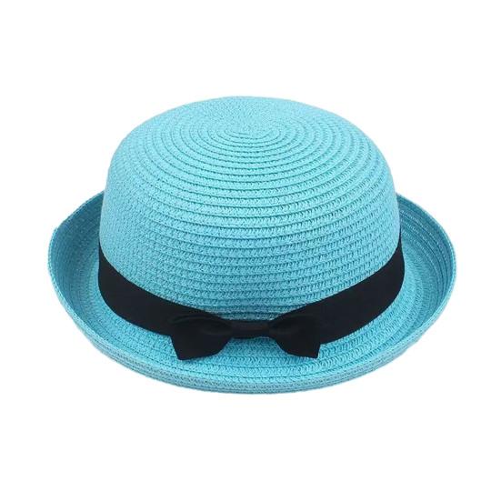 Parent-child Beach Hat Dome Curved Brim UV Protection Hat Handwoven Summer Outdoor Straw Hat with Black Satin Ribbon Bow