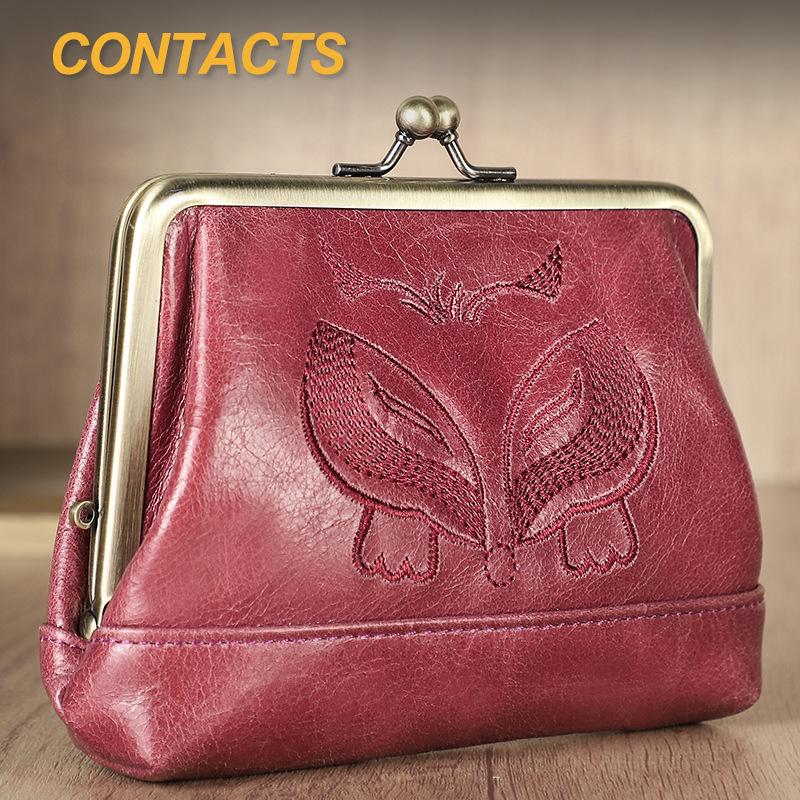 Black Angel Women's Wallet - Top Grain Cowhide, Embroidered, Genuine Leather, Iron Hinge, Multifunctional Compartments, Small & Casual.