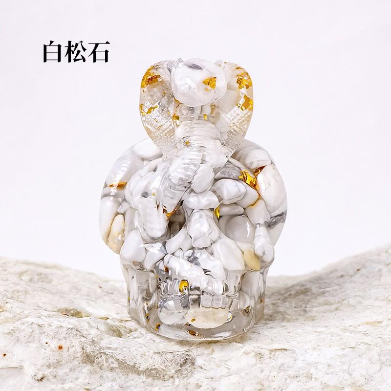 Natural Crystal Chips Resin Snake Wrapped Skull Ornament Halloween Bar Craft Decor