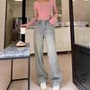 Women's Autumn & Winter High-Waisted Vintage Distressed Wide-Leg Jeans, Yellow-Mud Color, Plus Velvet Thickening, Loose & Warm Long Pants.