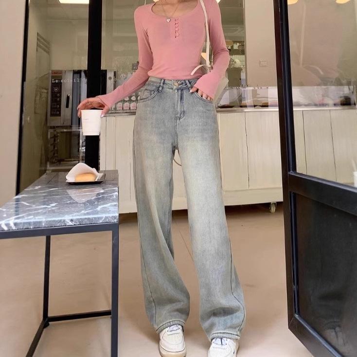 Women's Autumn & Winter High-Waisted Vintage Distressed Wide-Leg Jeans, Yellow-Mud Color, Plus Velvet Thickening, Loose & Warm Long Pants.