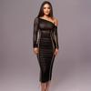 European and American Style Summer New Women's Clothing Long-sleeved Mesh Stitching Slanted Shoulder Medium and Long Dress Fashion Pleated Dress Women