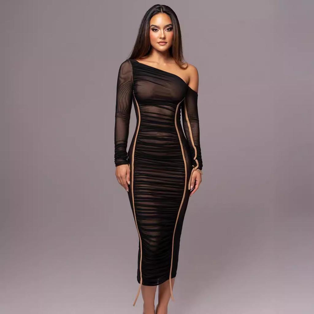 European and American Style Summer New Women's Clothing Long-sleeved Mesh Stitching Slanted Shoulder Medium and Long Dress Fashion Pleated Dress Women