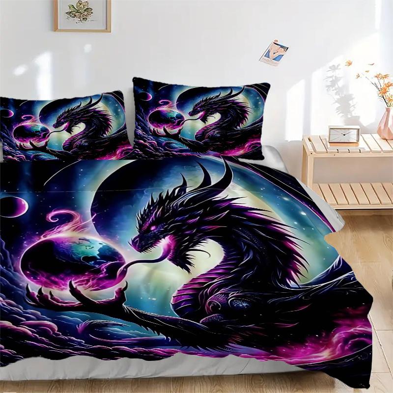 3pcs Galactic Dragon with Flames and Whiskers Pattern Bedding Three-Piece Set (1 Cover + 2 Pillowcases, No Fillings), This Printed Bedding S