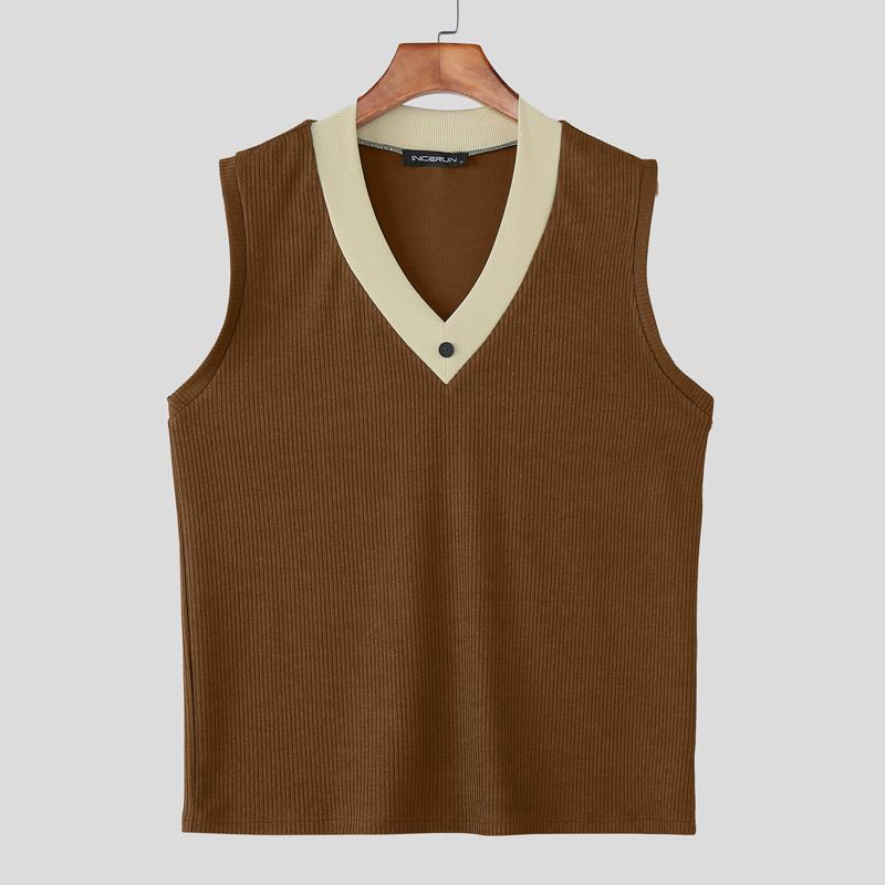 

INCERUN Men V Neck Sleeveless Stitching Patchwork Casual Rib Tank Tops 2XL