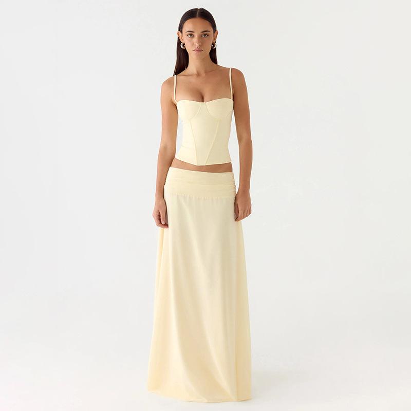 2026 Elegant European & American Women s Spring/Summer Pleated Solid Color Spaghetti Strap Dress Set Small
