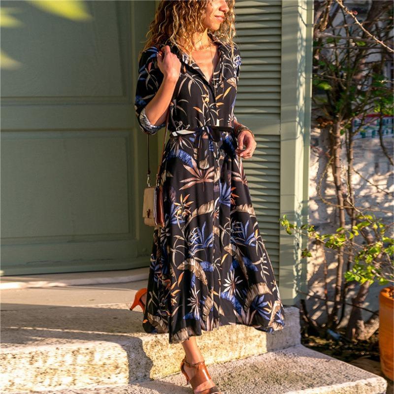 Women's Long-sleeved Printed Single-breasted Dress with Slimming Temperament