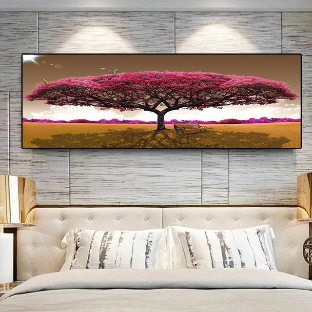 Abstract Red Green Big Tree Wooden Chair Landscape Canvas Painting Posters and Prints Wall Art Pictures Room Home Decor No Frame