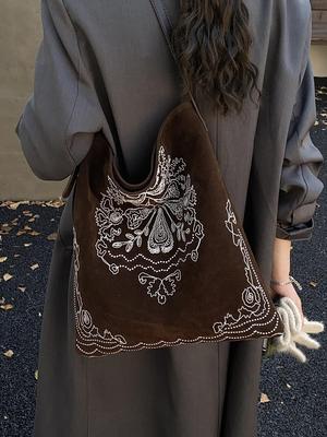 Dames Embroidered Etnische Mat Suede Tote Bag - Grote Capaciteit, Ontspannen Schouderstijl