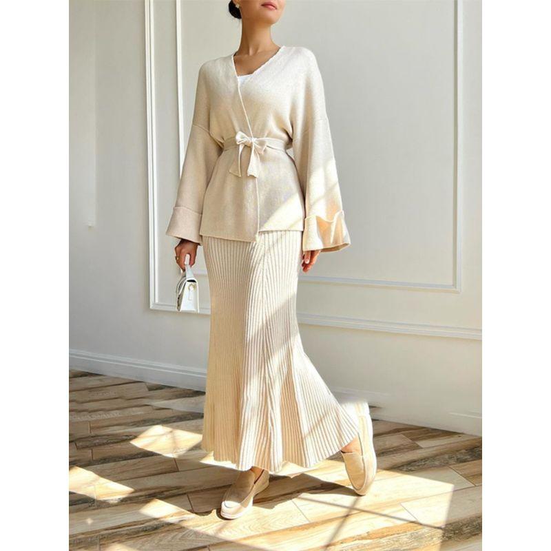 V-neck Lace-up Elegant High Waist Skirt 2 Pieces Knitting Suit Skirt 2-Piece Knitted Set