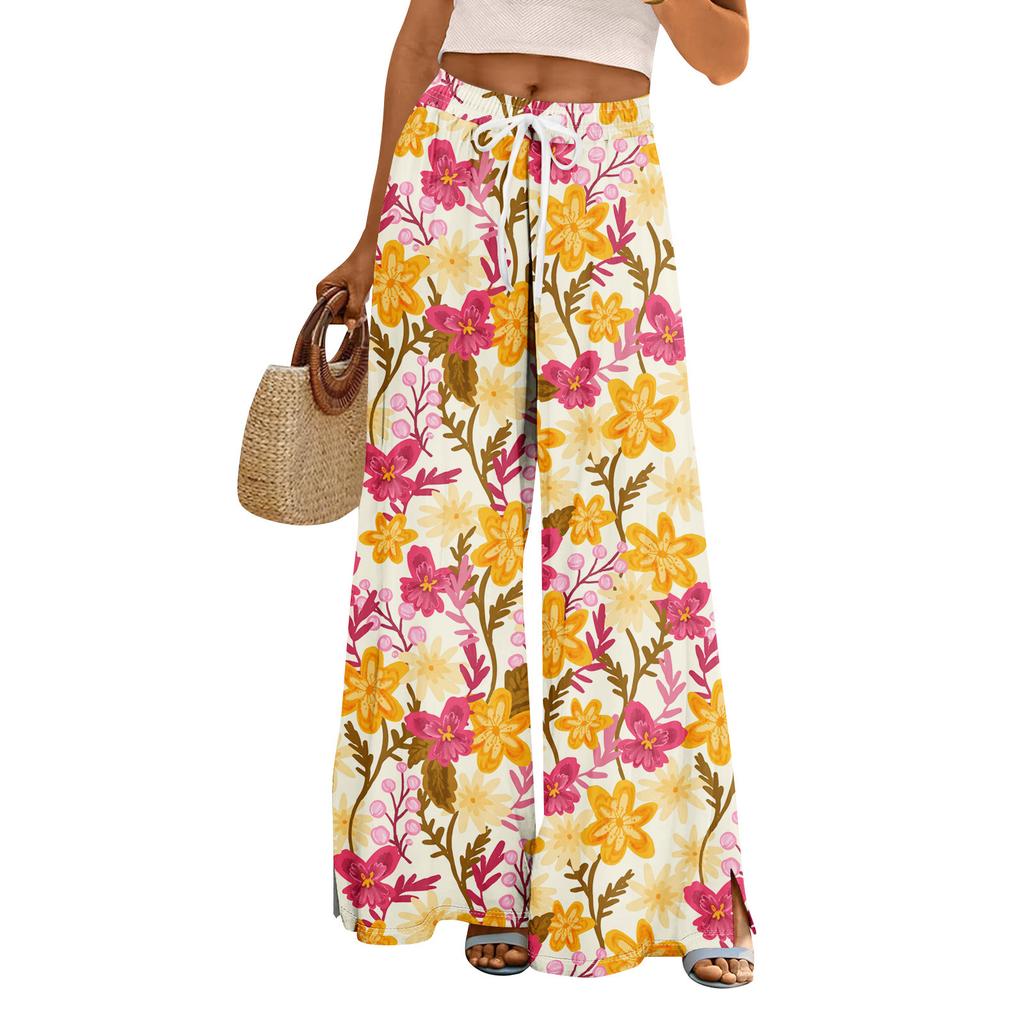 Women Summer Boho Palazzo Pants High Waist Wide Leg Floral Printing Casual Trousers With Pockets