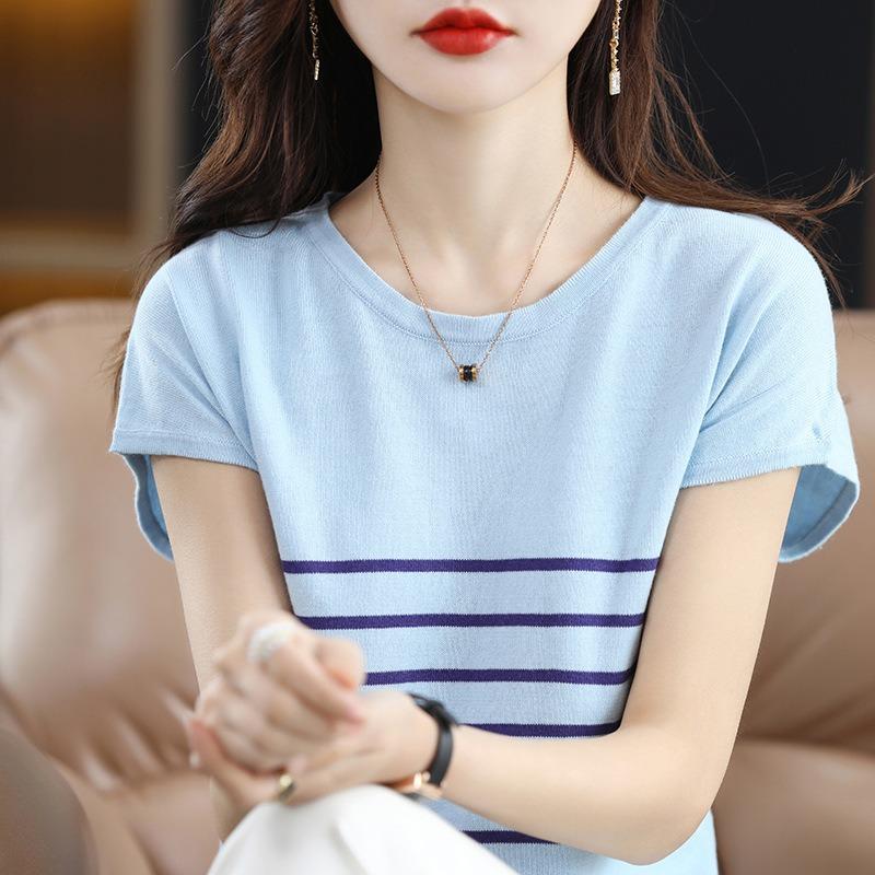 Pure Cotton Round Neck Striped Sweater T-shirt for Women In Summer New Simple and Versatile Short-sleeved Soft Top