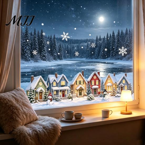 Festive Shop Window Display Christmas Static Clings, PVC Glass Stickers, Xmas Winter Snowflake Decals Seasonal Ornaments for Home Store Holiday