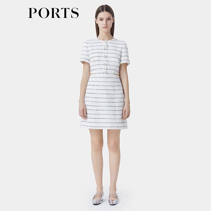 PORTS Women's White & Black Striped Short Sleeve Midi Dress