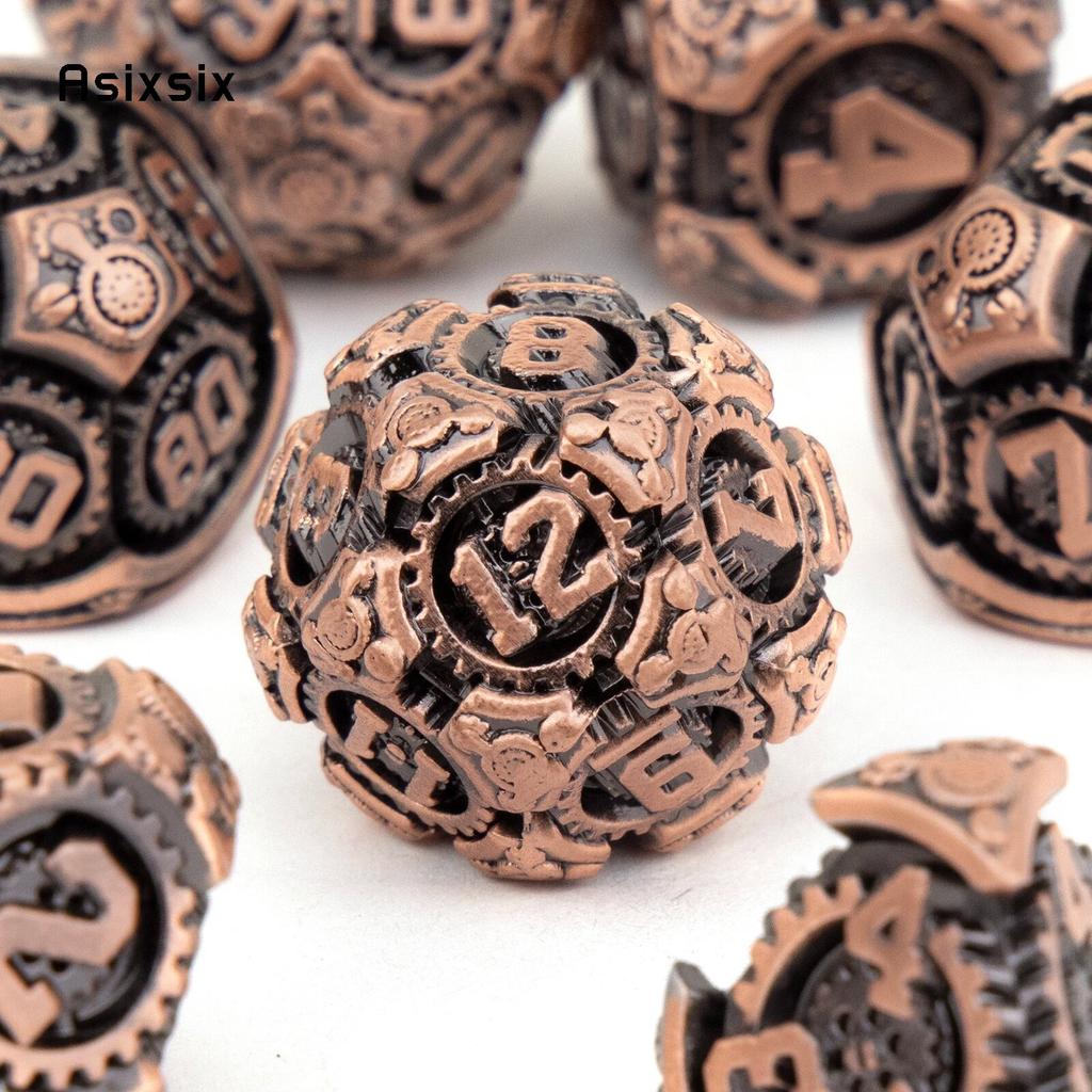 7 Pcs Copper Black Gear Wheel Metal Dice Solid Metal Polyhedral Dice Set Suitable for Role-Playing RPG Board Game Card Game