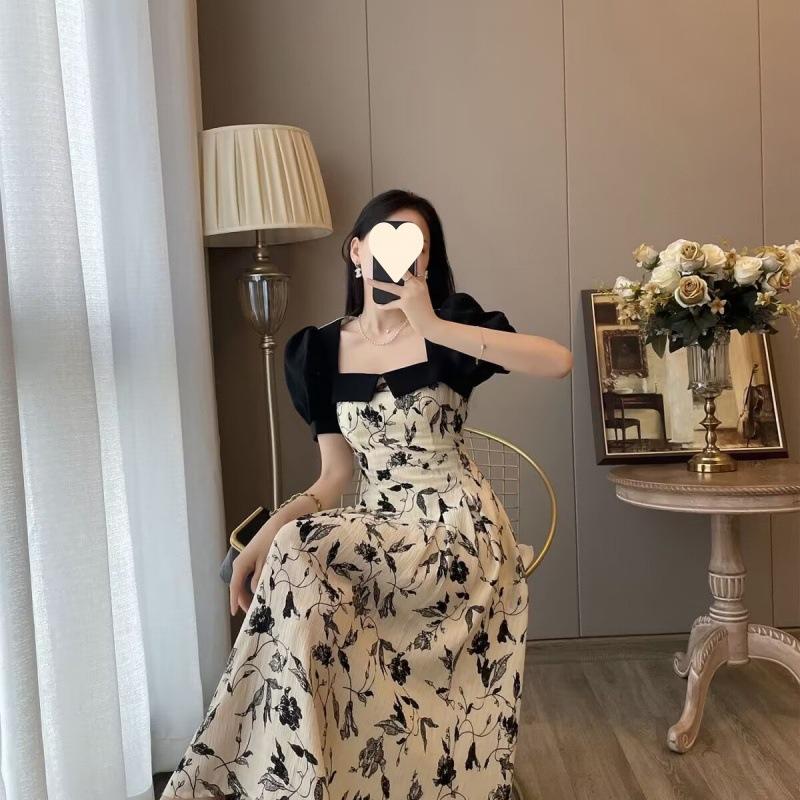 New pure desire style design sense thin splicing floral dress women's summer square neck bubble sleeve a word dress