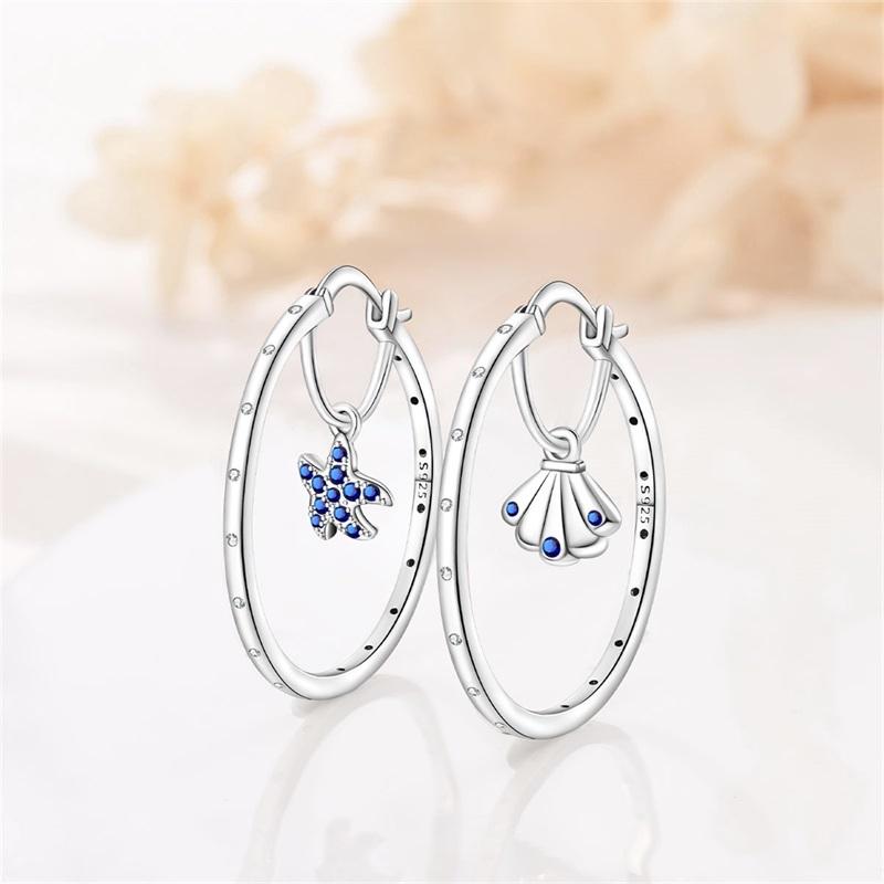 Double Hoop Earrings For Women 925 Silver Starry Moon Sea Star Turtle Pendants Ear Studs Earrings Fine Anniversary Jewelry Gifts