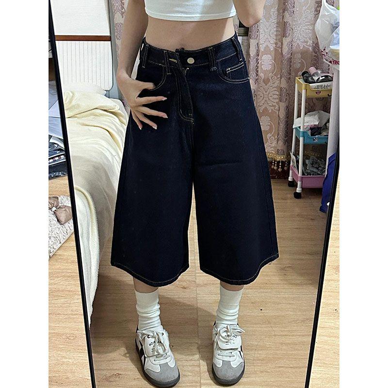 

Cropped Pants Women Summer Thin Denim Middle Pants 2025 New Loose Wide-Leg Pants Plus size Chubby Girl Slimming Straight Shorts Dark Blue XL([Recommended 59.50 kg-64.00 kg]])