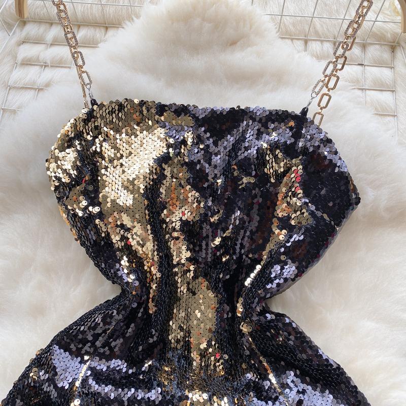 Sexy Sequin Slip One Piece Dress Women Patchwork Chic Vintage Evening Party Dresses Female Korean Fashion Design Slim Ceremonial Dress 2024