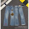 Herren Damen High Street Used Denim Jeans Mit Stickerei-Patch Gerader Schnitt Wasser gewaschen Schlanke Schlaghosen