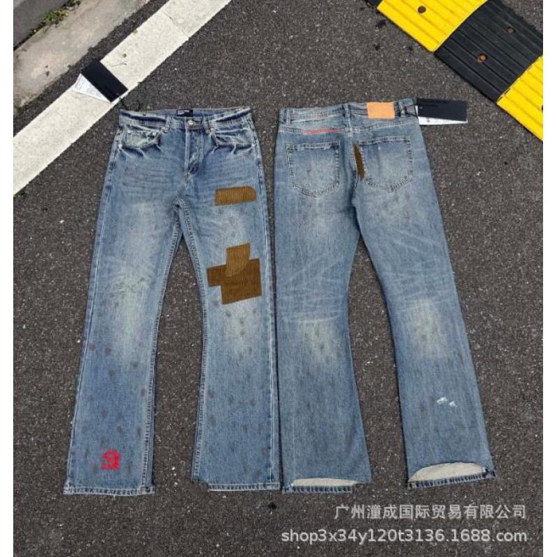 Herren Damen High Street Used Denim Jeans Mit Stickerei-Patch Gerader Schnitt Wasser gewaschen Schlanke Schlaghosen
