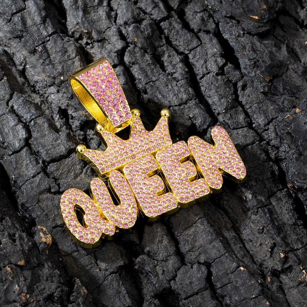Couronne Rose Diamant pour Femme, Pendentif Lettre QUEEN, Collier Cubain Diamant Long Hip Hop Accessoire Féminin