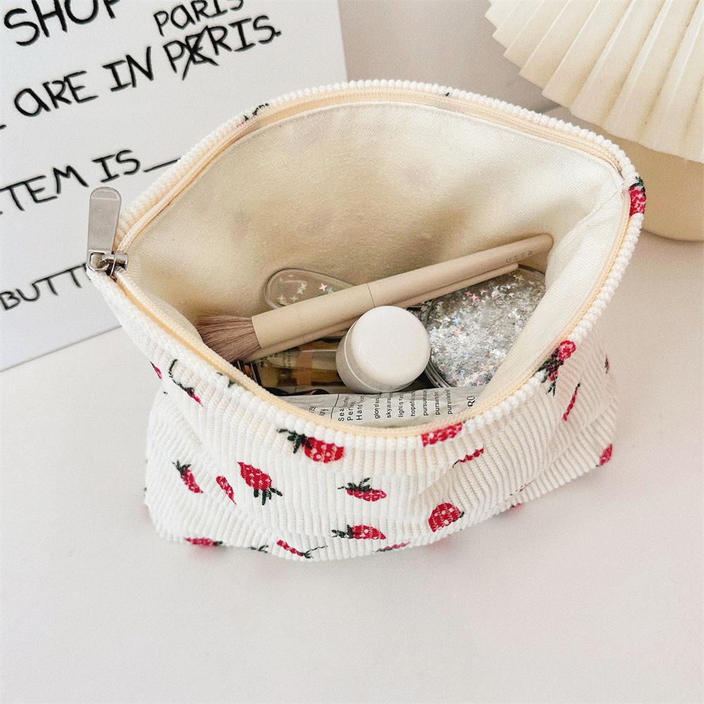 Lovely Strawberry Women's Cosmetic Bag Retro Corduroy Female Travel Bento Shoulder Bags Simple Portable Ladies Storage Handbags