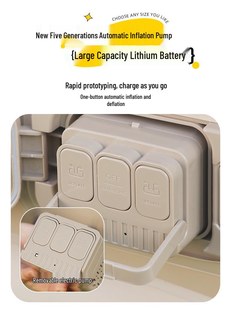 Samopompujący Beżowy Materac Powietrzny - Podwyższony, Pogrubiony, Składany na Kemping lub Przerwy na Lunch