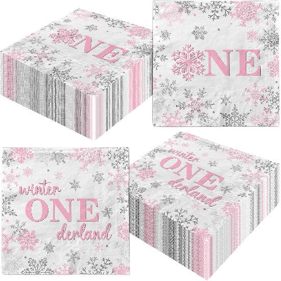 40pcs Winter Onederland 1st Birthday Napk Decorations, Pink Silver Winter Onederland Napk Snowflake First Birthday Paper Napk for Girl Winter